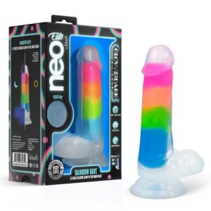 NEO ELITE GLOW IN THE DARK RAINBOW RAVE 6.5 SILICONE DUAL DENSITY DILDO"