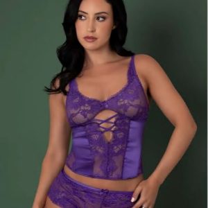 SATIN PETALS BUSTIER & BOY SHORT PURPLE M