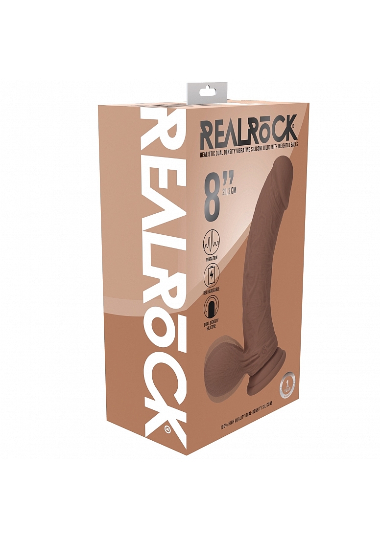 REALROCK RECHARGEABLE DUAL LAYERED VIBRATING CURVED 8IN W/BALLS TAN